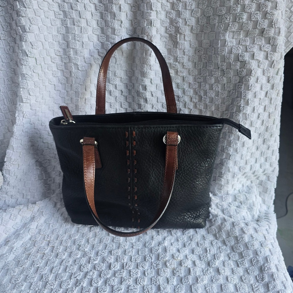 Fossil‎ Vintage 90s Y2K Black Pebbled Leather Small Tote Bag Brown Whipstitch